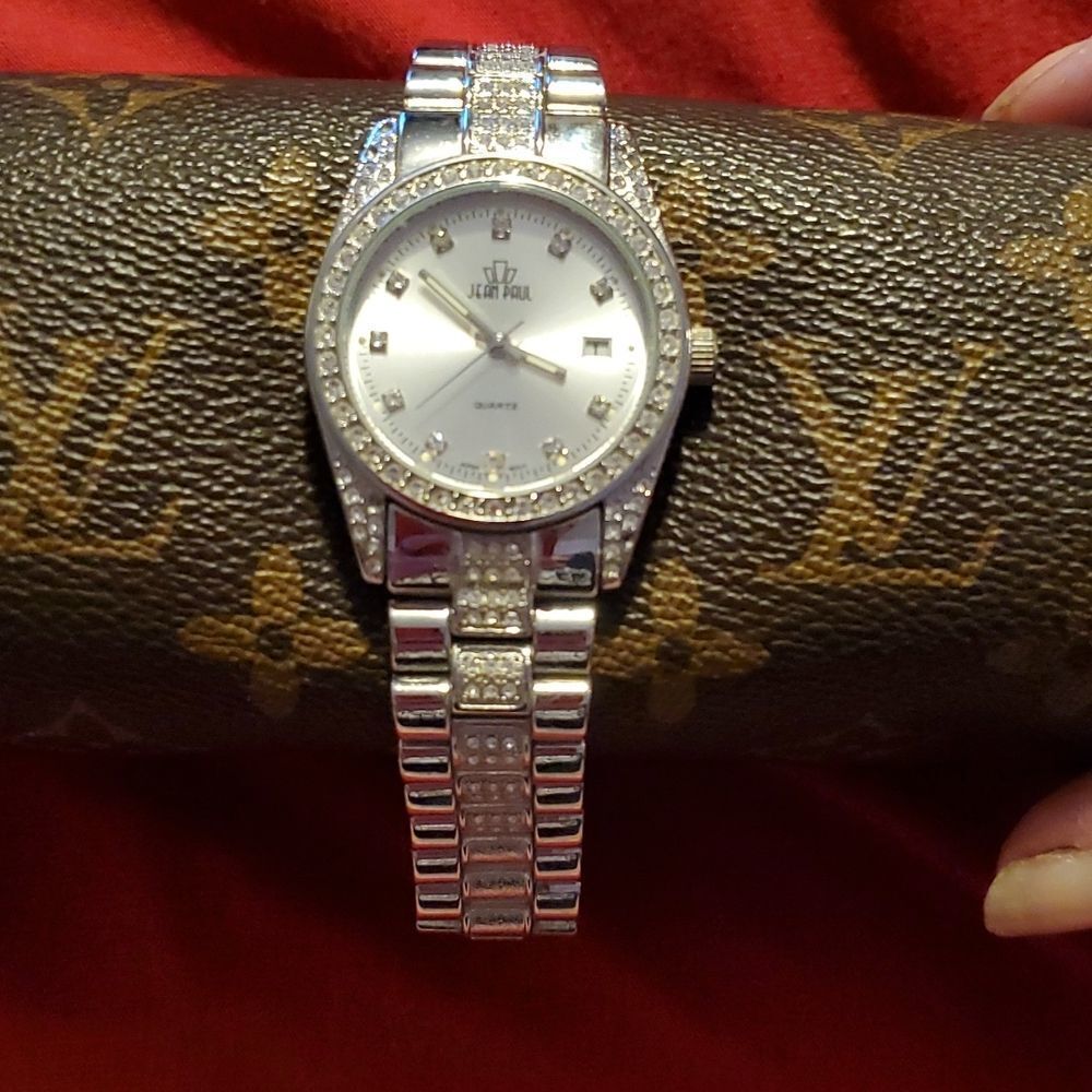 Men's Jean Paul Clear‎ Gem Crystal Encrusted Silver Bling Watch Date Window